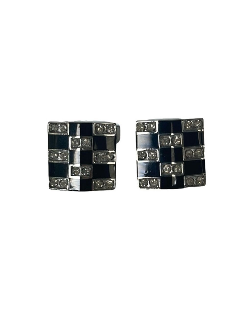Men's Stainless Steel Cufflinks With Checkerboard Cubic Zirconia Groom Dad EUC